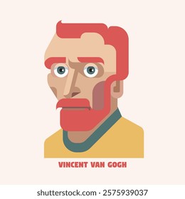 A minimalist vector flat portrait of Vincent van Gogh, featuring bold geometric shapes. Dutch Post-Impressionist painter