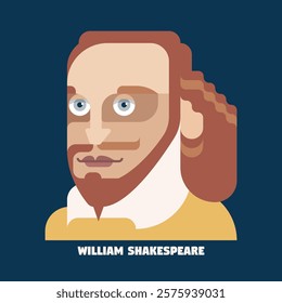 A minimalist vector flat portrait of William Shakespeare, featuring clean geometric shapes, symbolizing his timeless legacy as the Bard of English literature and a master of storytelling