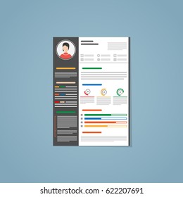 Minimalist vector flat resume, cv template with simple design in dark black version. Colored text, photo, and infographic charts on a paper in A4 size.