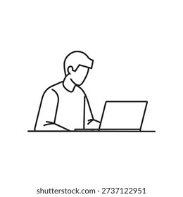 Minimalist vector of focused woman using laptop in modern workspace setting.