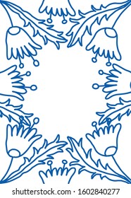 Minimalist vector frame with blue flowers. Floral template with some space for text.