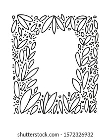 Minimalist vector frame with leaves. Black and white illustration. Template with some space for text.