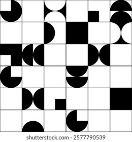 Minimalist Vector Geometric Pattern with Squares, Circles and Halved Circles in Modern Scandinavian Style