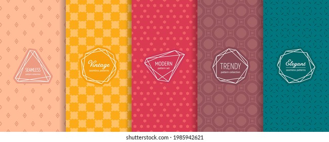 Colección minimalista de patrones geométricos sin costura. Juego de simples y coloridas manchas de fondo con elegantes etiquetas minimalistas. Resumen de texturas modernas. Colores amarillos, rojos, marrones, verdes y polvos