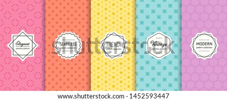 Minimalist vector geometric seamless pattern collection. Set of simple colorful background swatches with elegant minimal labels. Abstract modern textures. Pink, orange, yellow, blue, purple color