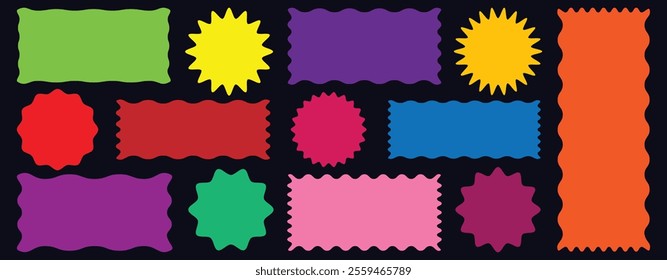 Minimalist Vector Geometric Shapes Set. colorful zigzag frame. Modern Symbols, Labels and Icons. Stars, Flowers and Circles with ZigZag Edge. Set of various types sticker, labels with various colors