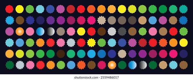 Minimalist Vector Geometric Shapes Set. Big set of sale stickers, tags, with various colors and designs.Modern Symbols, Labels and Icons. Stars, Flowers and Circles with ZigZag Edge