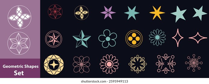 Minimalist Vector Geometric Shapes Set. Modern Symbols, Labels and Icons. Stars, Flowers and Circles with Zigzag Edge