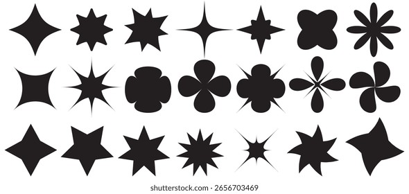 Conjunto de Formas geométricas de Vector minimalista. Símbolos, etiquetas e iconos modernos. Estrellas, flores y círculos con borde ZigZag. EPS 10.