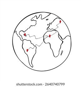 Minimalist vector globe with abstract continents and random red location markers. Global and data visualization, world internet network graphic sketch. For presentations, infographics, websites. - Powered by Shutterstock - Get 15% off with code: PIKWIZARD15