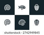 Minimalist vector glyphs representing ancient life forms including ammonite shells, fish skeletons, and trilobites, presented on contrasting black and white backgrounds.