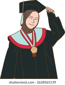 Minimalist vector graduation, female graduates, Muslim female graduates, Muslim female graduate holds her toga 