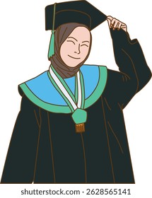 Minimalist vector graduation, female graduates, Muslim female graduates, Muslim female graduate holds her toga 