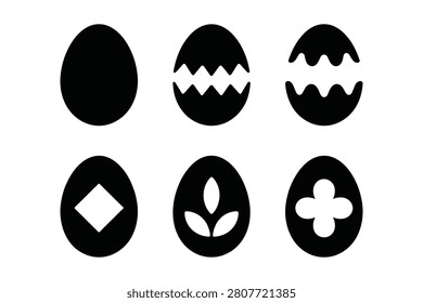 A minimalist vector graphic collection showcasing six distinct black Easter egg silhouettes on a plain white backdrop. The set includes fully intact shells cracked versions and various stylish geometric or natural patterns perfect for festive holiday designs.