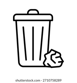 Gráfico de Vector minimalista que representa un cubo de basura y un pedazo de papel arrugado, que representa la gestión de residuos, los esfuerzos de reciclaje y el concepto de eliminación o descarte
