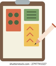 Minimalist vector graphic depicting a garden project design. The clipboard features colorful zones representing plant beds, rows, and walkways. A sharp pencil rests on the page, suggesting active planning and landscaping preparation. This flat icon uses earthy tones to convey concepts of horticulture, organization, and backyard landscape design layout plan.