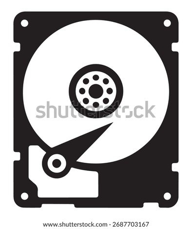 A minimalist vector graphic depicting a hard disk drive in a distinctive silhouette style, representing data storage.