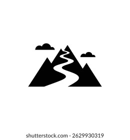 Gráfico vetorial minimalista representando montanhas com um caminho sinuoso que leva ao pico e pequenas nuvens flutuando perto das encostas das montanhas em preto e branco.