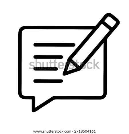 Minimalist vector graphic depicting a writing process or content creation. Pencil intersects a square speech bubble containing four horizontal lines representing written notes or feedback. This simple line art signifies updating, composing messages, or making important revisions in digital communication interfaces.