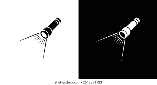 A minimalist vector graphic depicts a flashlight emitting light beams, set against both a white and a black background, highlighting contrast and illumination.