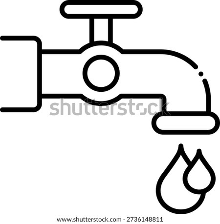 A minimalist vector graphic depicts a leaky faucet with two water droplets, symbolizing water conservation and plumbing issues. This bold, clean line art is perfect for use in environmental campaigns, educational materials, or for illustrating water-related services.
