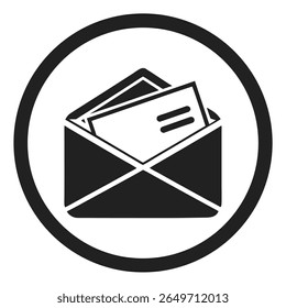 A minimalist vector graphic depicts an open black envelope with white paper peeking out. 
