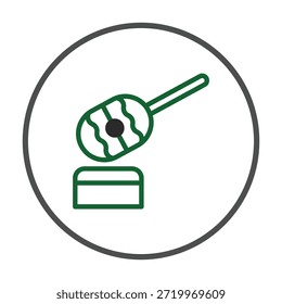 Um gráfico vetorial minimalista representa um instrumento de percussão estilizado apoiado em uma base. O design enfatiza as linhas limpas e formas geométricas, criando uma ilustração contemporânea e simbólica,