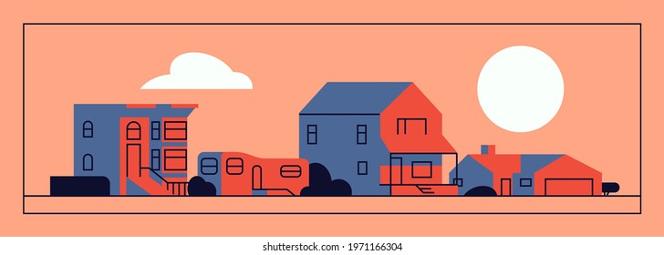 Minimalist vector graphic design on housing and residential buildings. Property and real estate themed banner template in trendy geometric style 