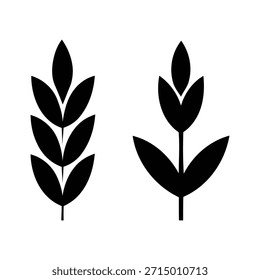 Un gráfico de Vector minimalista que muestra dos ramas de plantas estilizadas distintas, que se asemejan a las espigas de trigo o cereal, renderizadas en negro sólido contra un fondo blanco puro para un alto contraste y versatilidad.