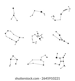 Minimalist vector graphic displaying zodiac constellations, connecting celestial points with dashed lines, revealing astrological symbols against clean white backdrop