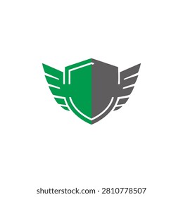 A minimalist vector graphic featuring a dual colored shield emblem adorned with symmetrical wings representing protection and security