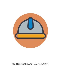 A minimalist vector graphic featuring a hard hat inside a bright orange circle. Flat style with dark outlines and a clean design.