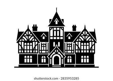 A minimalist vector graphic featuring the symmetrical facade of a historic manor house with half timbered detailing and a prominent central tower