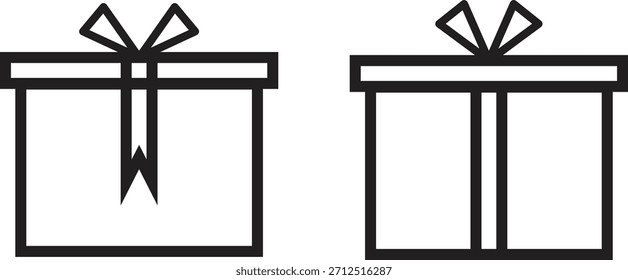 Um gráfico vetor minimalista com duas caixas de presente estilizadas, uma com uma fita e um arco, apresentado lado a lado, simbolizando celebração e presentes. Isolado no branco.