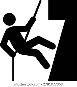 Minimalist vector graphic icon design showing a bold black silhouette of a person rappelling down a cliff edge for extreme sports adventure concept art