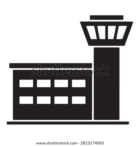 Minimalist vector graphic illustration of a black airport control tower building on a white background