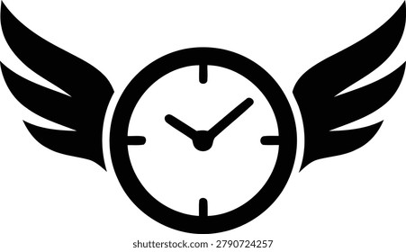 Minimalist vector graphic illustration of a clock featuring large decorative wings representing the rapid passage of time and fleeting moments in life today