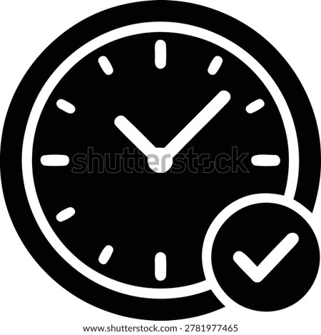 Minimalist vector graphic illustration of a clock face icon with a checkmark symbol representing timely completion and successful task management for digital projects