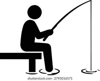 Minimalist vector graphic illustration depicts an individual sitting on a pier using a fishing rod to enjoy a quiet day of recreation.