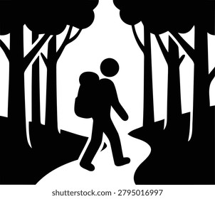 Minimalist vector graphic illustration depicts a lone hiker carrying a backpack while traveling along a path surrounded by tall dark forest trees.