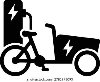 Minimalist vector graphic illustration of an electric cargo bike being plugged into a charging station for sustainable urban logistics and green energy delivery solutions