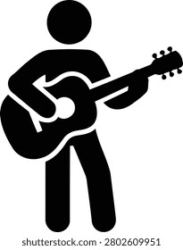 Minimalist vector graphic illustration features a stick figure character playing an acoustic guitar, perfect for music-related designs, apps, and web content.