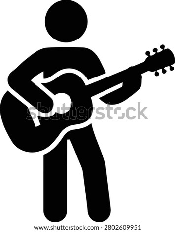 Minimalist vector graphic illustration features a stick figure character playing an acoustic guitar, perfect for music-related designs, apps, and web content.