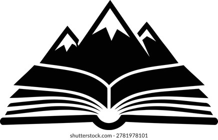 Minimalist vector graphic illustration featuring an open book with snow capped mountain peaks rising from the pages to represent education and literary travel
