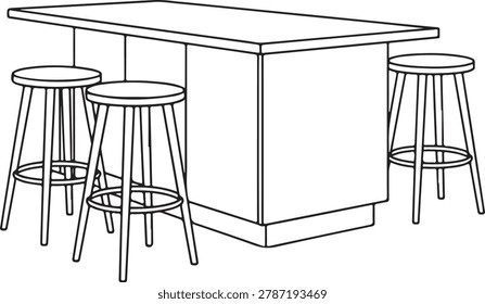 Minimalist vector graphic illustration featuring a kitchen island counter accompanied by three tall wooden bar stools in white background style