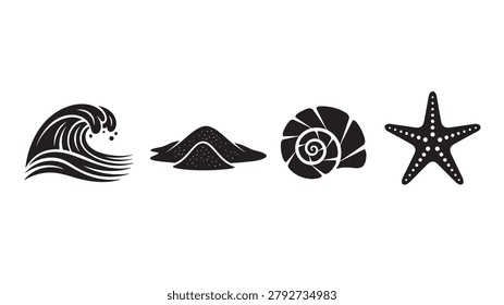 Minimalist vector graphic illustration featuring a collection of four distinct coastal elements including a rolling ocean wave a small pile of beach sand a spiral seashell and a textured starfish isolated on a clean white background for modern design projects requiring simple black and white maritime iconography
