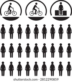Minimalist vector graphic illustration featuring black icons of people sitting cycling and standing in rows