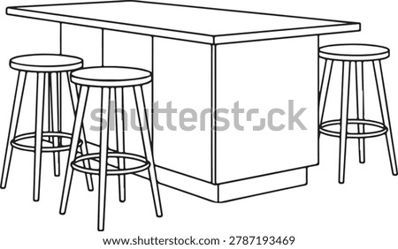 Minimalist vector graphic illustration featuring a kitchen island counter accompanied by three tall wooden bar stools in white background style