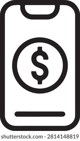 Minimalist vector graphic illustration of a mobile phone displaying a bold black dollar currency symbol