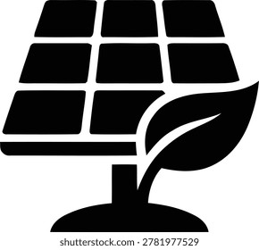 Minimalist vector graphic illustration of a modern solar panel icon combined with a leaf shape representing sustainable energy solutions for eco friendly technology